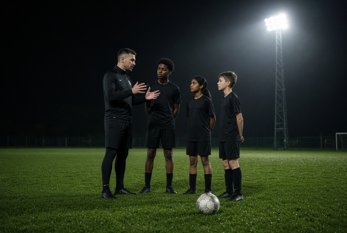 Private football coaching session under floodlights